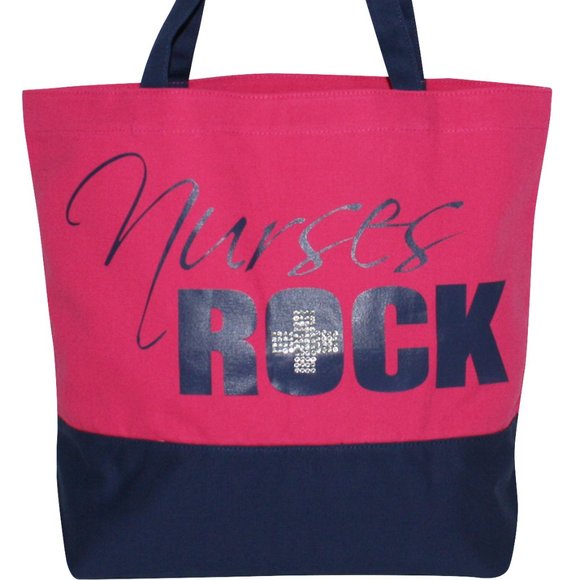 Nurses Rock Canvas Tote with Cross Bling (Pink) - Picture 1 of 1